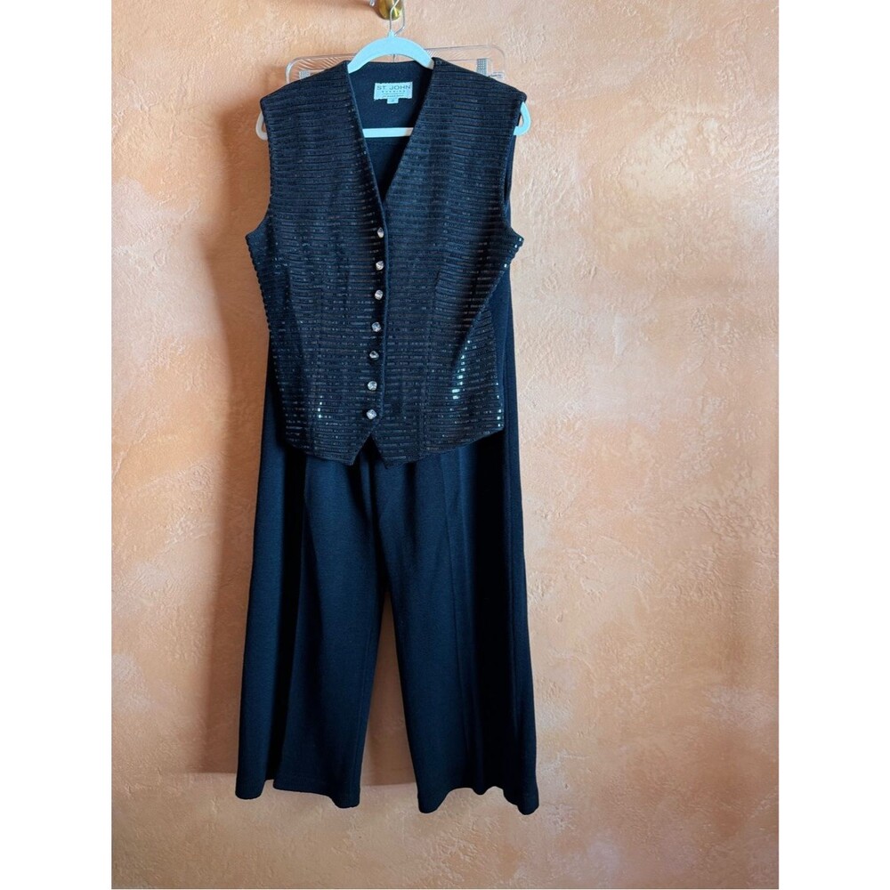St John Evening 3 Piece Embellished Knit Pant Set Black 12